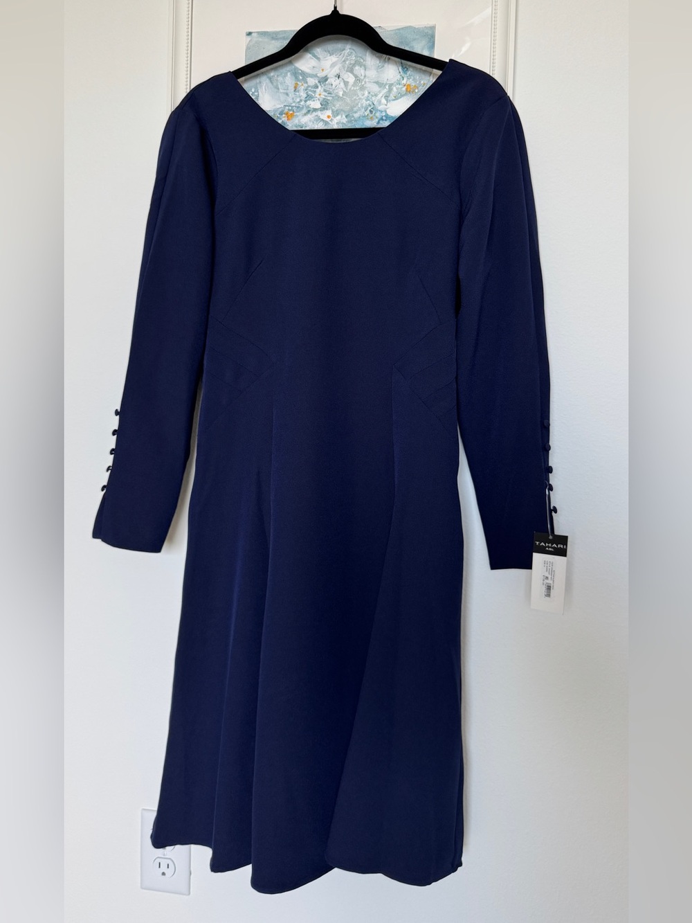 Tahari Navy Long-Sleeve Sheath Dress with Button Cuffs NWT